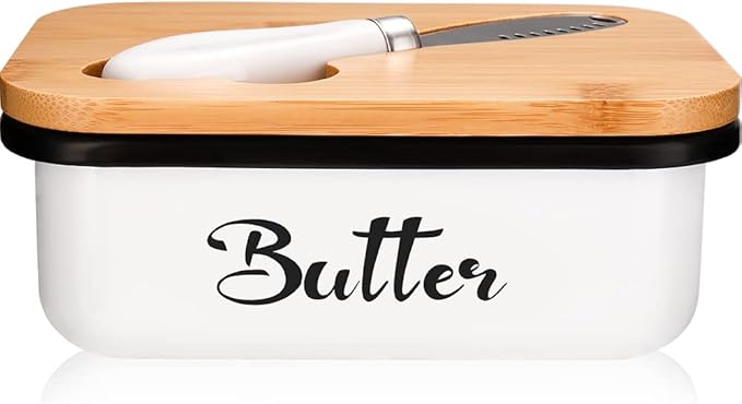 Butter Dish with Lid, Metal Butter Dish with Multi-Functional knife, Lightweight Unbreakable Butter Container for Countertop Upgrade Double Silicone Seal, 14x5x9cm,White