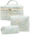 3PCS Coquette Makeup Bag, Quilted Makeup Bag for Women, Floral Cotton Cosmetic Bag Set, Large Capacity Aesthetic Floral Toiletry Bag, Travel Toiletry Bag, Wash Organizer Pouch for Women Girls