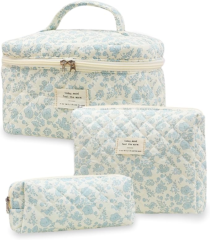 3PCS Coquette Makeup Bag, Quilted Makeup Bag for Women, Floral Cotton Cosmetic Bag Set, Large Capacity Aesthetic Floral Toiletry Bag, Travel Toiletry Bag, Wash Organizer Pouch for Women Girls