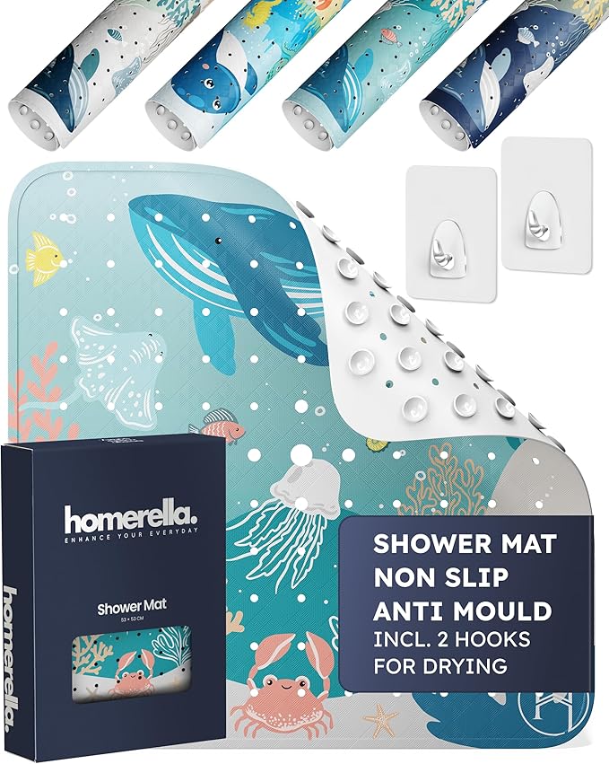 Homerella Shower Mat Skin-Sensitive 53 x 53 cm Includes Hanging Brackets Non Slip Shower Mats for Inside Shower BPA-Free Latex-Free Shower Mat Non Slip Anti Mould and Machine Washable