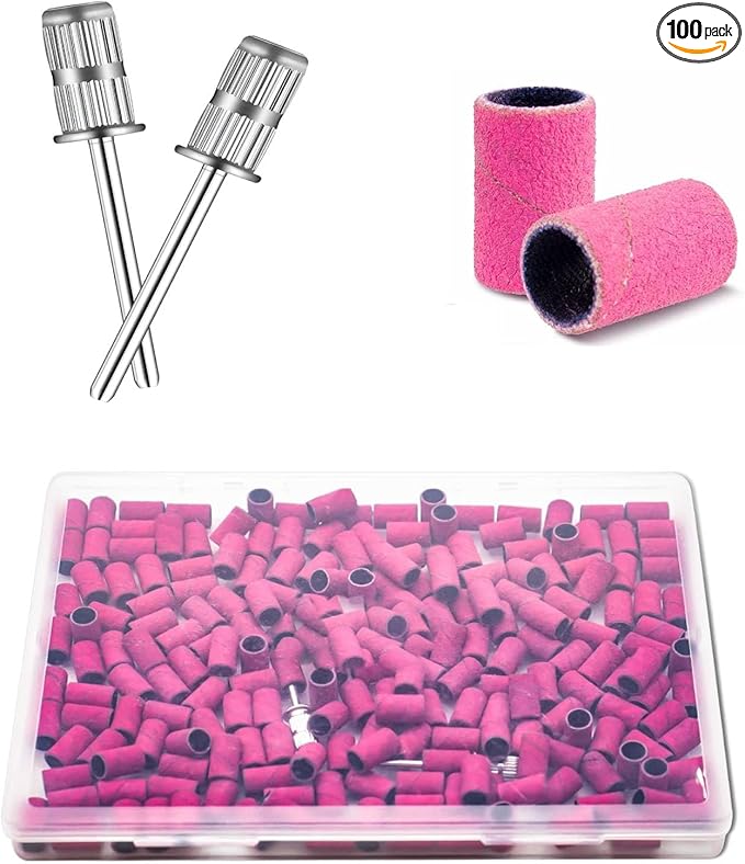 Sanding Bands for Nail Drill 100Pcs, 180# Grit Nail Sanding Band, Nail drill Sanding Bands with 2 Pcs 3/32” Nail Drill Bits and Boxed for Beauty Salon Accessories Manicure and Pedicure (beige)
