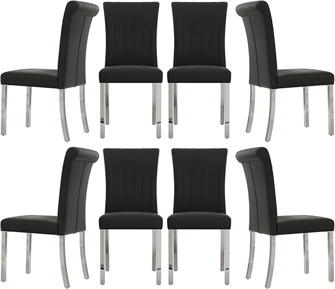 Upholstered Dining Chairs Set of 8, Modern Velvet Kitchen Chairs with Rolled Back Design and Metal Legs, High Back Dining Chairs for Dining Room, Living Room, Home, Office (Black)