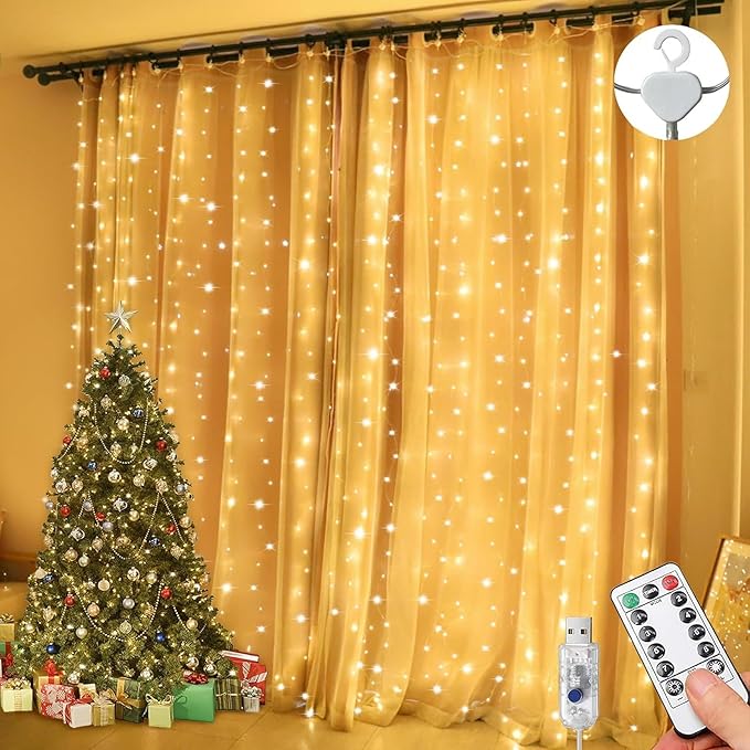 Lezonic Curtain Fairy Lights, 3m×3m 300LED Fairy Lights with 8 Modes Remote Control Timer Adjustable Brightness, Curtain Light Plug in for Bedroom, Garden, Party, Wedding,Christmas (Warm White)[Energy Class A+++]