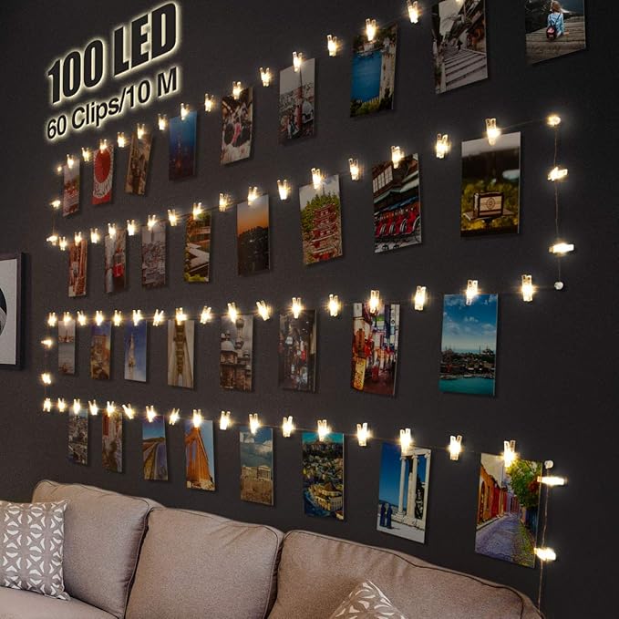 litogo 100 LED Photo Clip String Lights, 10M Battery Powered Fairy Lights with 60 Clips Hanging Photos, Mini Silver Wire Polaroid Peg Lights for Birthday Party Picture Card Decorations[Energy Class E]