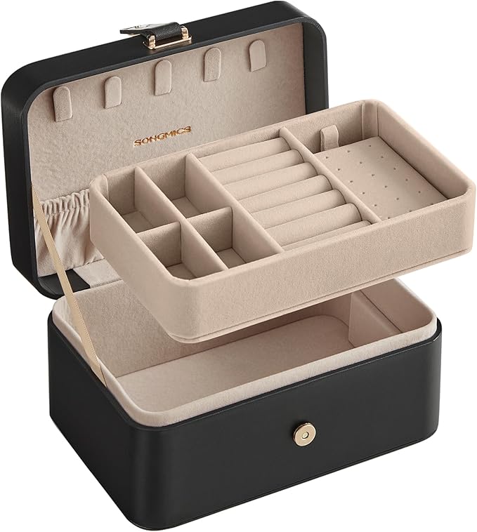 SONGMICS Jewellery Box, 2-Layer Jewellery Storage, 11 x 16 x 8 cm Travel Jewellery Box, Portable Jewellery Case, Small, Spacious, for Larger Accessories, Gift Idea, Ink Black JBC166B01