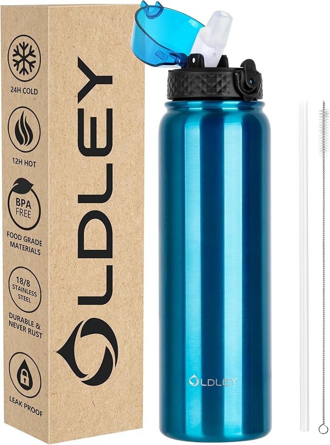 OLDLEY Stainless Steel Water Bottle with Straw 1L Vaccum Insulated Large Drink Flask Metal Water Bottles 1 Litre Leakproof Keep Drinks Hot Cold for Sports Travel Adult Women Men(Bright Blue, 1 Lid)