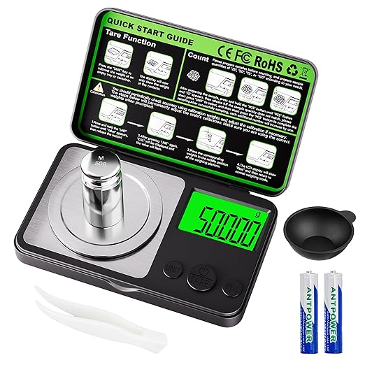 Wigearss 0.001g/50g Digital Milligram Scale, Mini Gram Scale,Pocket Micro Scale for Jewelry,Powders,Medicine,food, High Precision Mg Sc-ale with Tweezer,Cal Weight, Battery,Measuring Cup-50g MAX