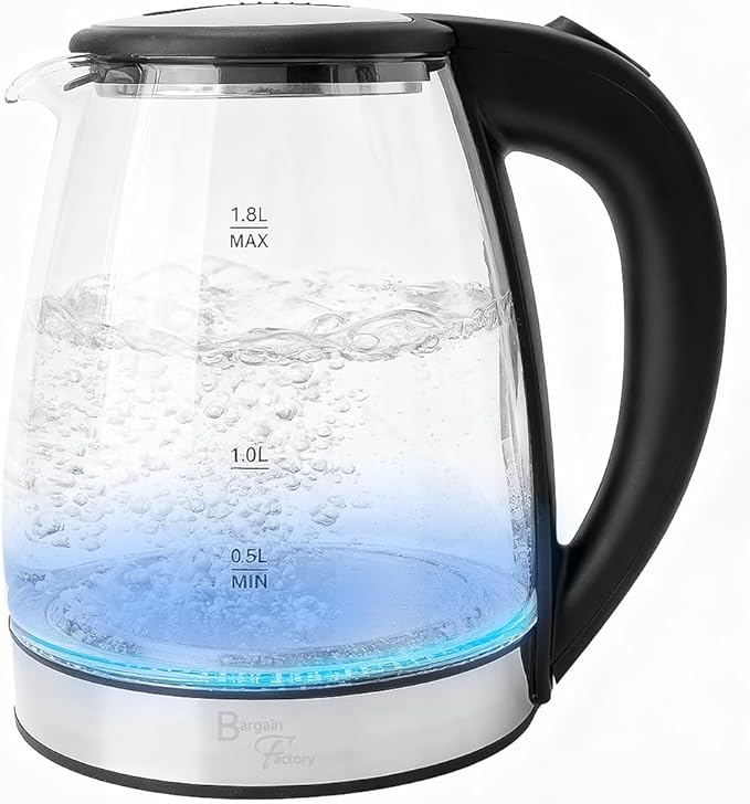 Electric Kettle Glass 2L – 1800W Fast Boil, BPA-Free, Quiet Boil, Blue LED, No Plastic, Boil-Dry Protection, Black Electric Glass Kettle