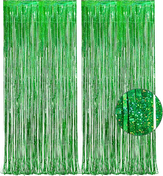 Green Tinsel Curtain Party Backdrop - GREATRIL Foil Fringe Curtain for Christmas/St Patrick’s Day/Luau/Hawaiian/Dinosaur/Jungle/Summer/Safari/Ghost/Birthday Party Decorations Theme Pack of 2