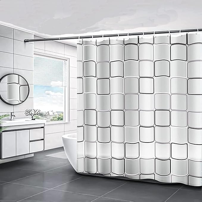 Shower Curtain for Bathroom Anti Mould and Mildew Resistant,100% PEVA Waterproof 180 x 180 cm (71 x 71 Inch),Includes 12 Pcs Curtain Hooks,Grid