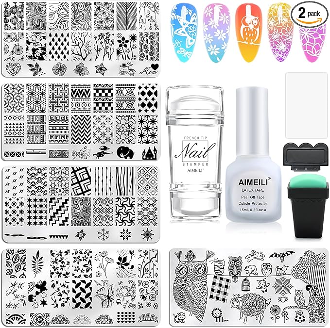 AIMEILI Nail Art Stamping Templates Manicure Tool Kit 5Pcs Nail Stamping Plates, 2 Stamper, 2 Scraper, 1 Latex Peel Off Tape, Flower Animal Pattern Manicure Print Tools for DIY Nail Art Designs