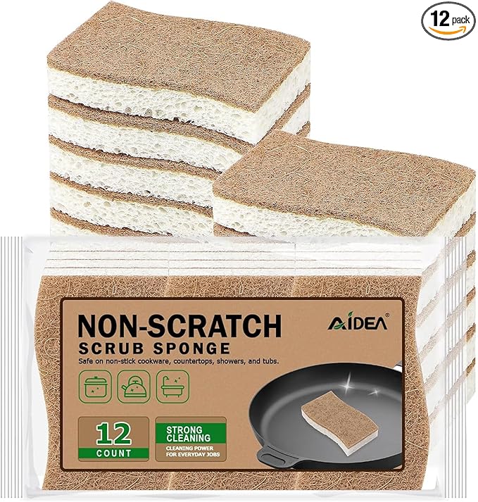 AIDEA Non-Scratch Scrub Sponge-12Count, Natural Sponges for Non-Stick Cookware, Kitchen Sponges, Cellulose Sponges for Dishes, Cleaning Sponge for Kitchen, Bathroom, Household