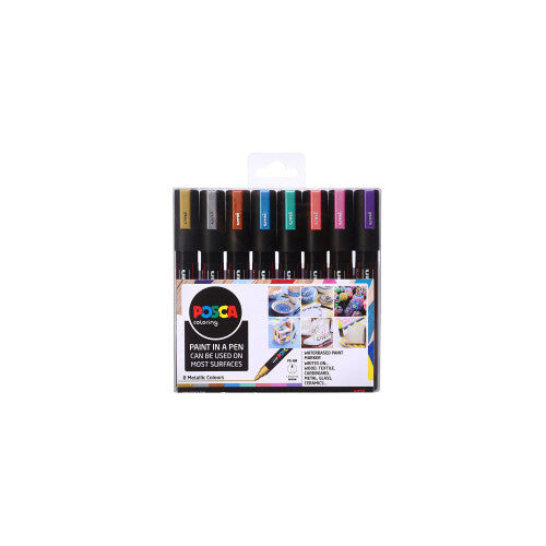 Uni Posca PC-5M Paint Marker Pen Wallet, Metallic Colours Set of 8 Assorted Colours, Medium Tip