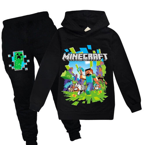 (Black, 11-12 Years) Kids Minecraft Tracksuit Set Sports Print Hoodie Pants Casual Outfit Suit