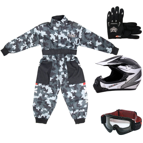 (White, XS) ZORAX X19 Kids Motocross MX Helmet Motorbike Camo Suit Karting Gloves Goggles