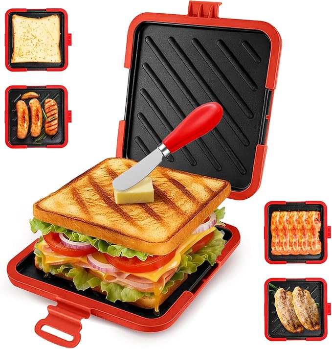 Microwave Toastie Sandwich Maker, Silicone Micro Toasties Sandwich Maker with Removable Non-Stick Grill Plates, Cookware Toaster Baking Tray, Easy Cooking for Crispy Sandwiches,Paninis,Fried Eggs,Red