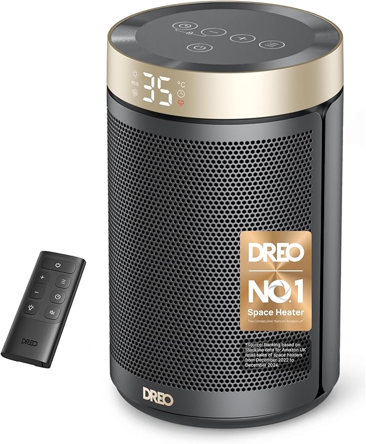 Dreo Electric Heater, 1500W Energy Efficient Space Room Heater, Upgrade Remote Portable Ceramic Fan Heaters, Thermostat, 3 Modes 12H Timer, Overheat & Tip Over Protection, for Bedroom, Atom 316, Gold