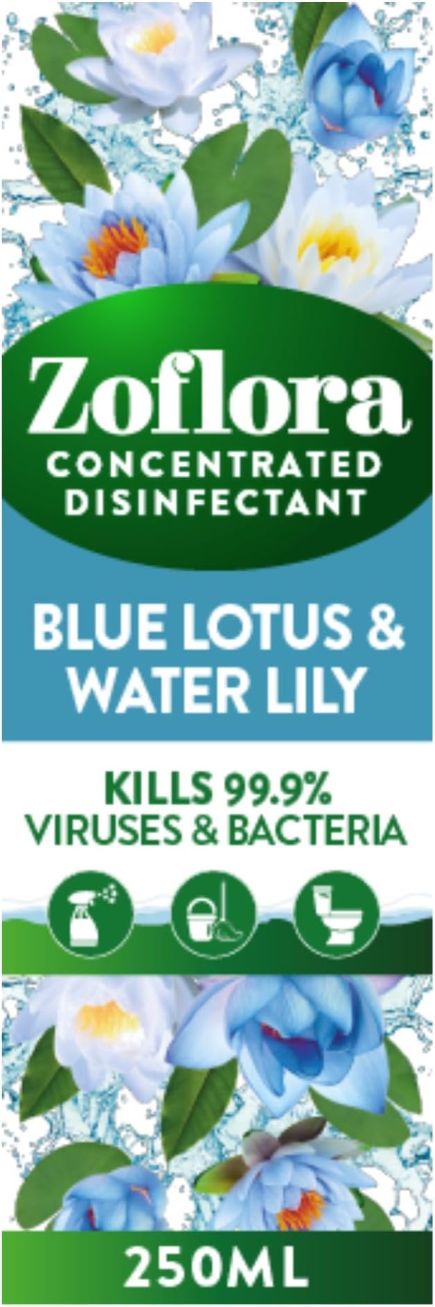 Zoflora Blue Lotus and Waterlilly Concentrated Multipurpose Disinfectant Liquid, Antibacterial and Multi-Surface, Pet Safe Disinfectant, Kills 99.9 Percent Of Bacteria and Viruses, 1 X 250 ml