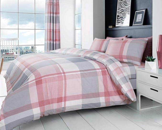 GC GAVENO CAVAILIA Checkered Duvet Cover Set Double – Soft and Warm Polycotton Printed Bedding Set with Matching Pillowcases, Blush Pink