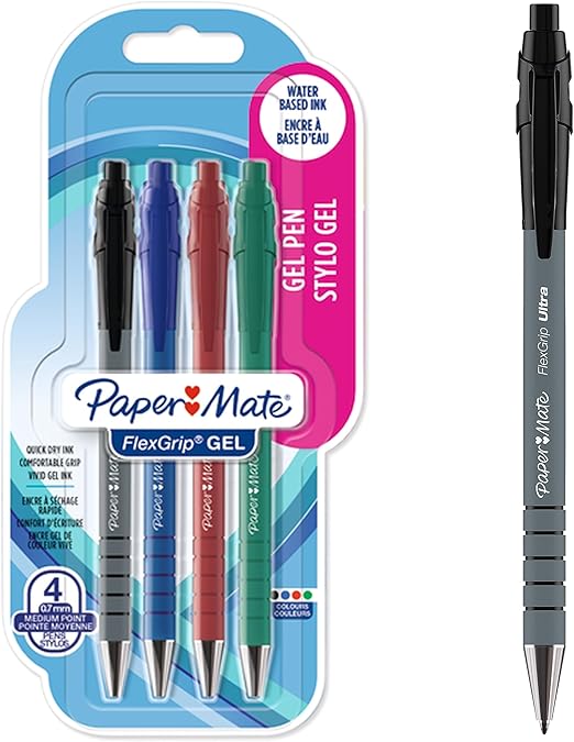 Paper Mate FlexGrip Gel Pens | Medium Point (0.7 mm) | Handwriting Pens & Stationery Supplies | BlackBlueRed & Green Ink Pen Set | 4 Count