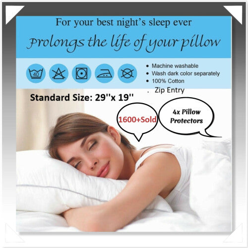 Luxury Pack of 4 Pillow Protectors 100% Cotton Hypoallergenic Dust- mite, Zipped Entry, White Colour, Size 74 x 48cm.