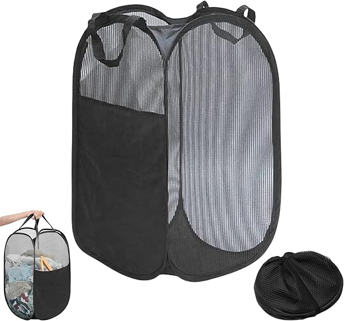 Large Washing Basket Collapsible Mesh Collapsible Washing Basket Pop up Laundry Hamper Basket with Side Pocket Laundry Hampers Mesh Laundry Baskets with Handles for Bathroom College Dorm Black