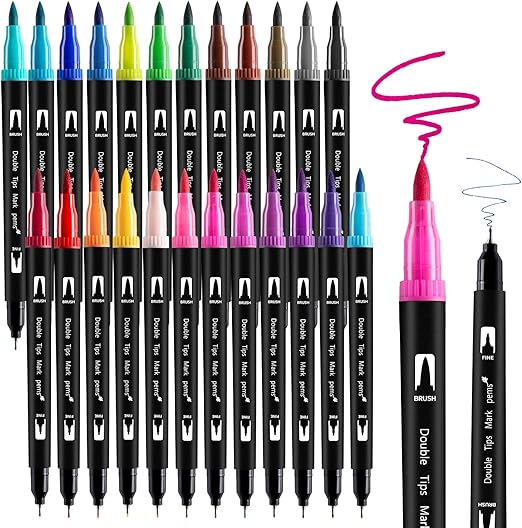 24 Colours Colouring Pens,Dual Tip Marker Pens Washable Brush Tip Felt Tip Pens Water-Based Markers for Adult and Kids Colouring Drawing Sketching Calligraphy Good Valentine's Day gifts