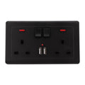 (Black) Double Wall Plug Socket 2 Gang 13A w/ 2 Charger USB Ports Outlets Flat Plate UK