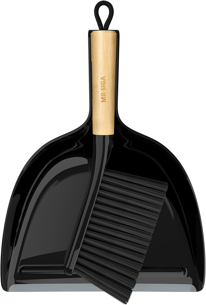 MR.SIGA Dustpan and Brush Sets, Dust Pan and Brush Bamboo Handle, Durable Bristles and Easy-Sweep Blade, Lightweight Design, Black