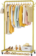 HOMIDEC Clothes Rail, Metal Clothes Rack with 4 Side Hooks, Bottom Storage Shelf and Wheels, Heavy-Duty Clothing Rail Holds Up to 40kg, Clothes Rails for Bedroom, Hallway, Clothing Stores, Golden