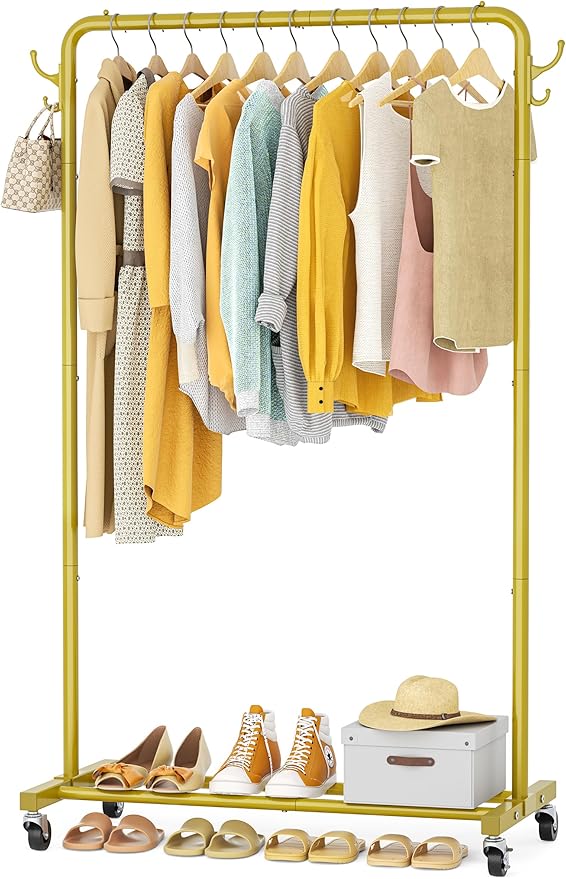HOMIDEC Clothes Rail, Metal Clothes Rack with 4 Side Hooks, Bottom Storage Shelf and Wheels, Heavy-Duty Clothing Rail Holds Up to 40kg, Clothes Rails for Bedroom, Hallway, Clothing Stores, Golden