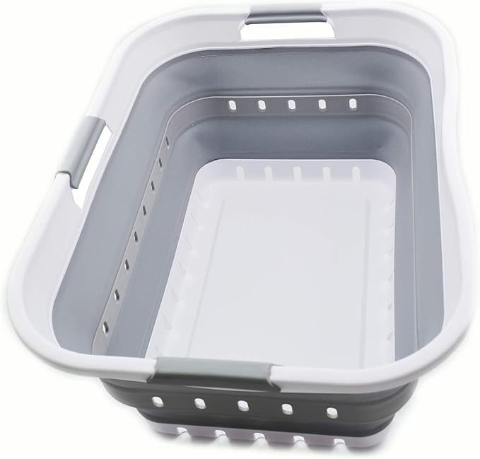 SAMMART 42L Collapsible Plastic Laundry Basket - Foldable Pop Up Storage Container/Organizer - Portable Washing Tub - Space Saving Hamper/Basket (1, White/Grey)