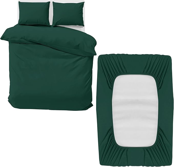 MOONLIGHT20015 Double Bedding Set 4 Piece Duvet Cover Fitted Sheet with Pillow cases Soft Brushed Microfiber Duvet Cover sets Emerald