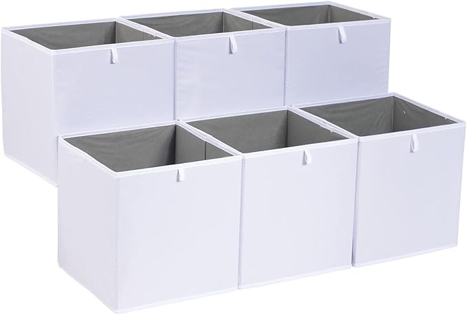 Amazon Basics Collapsible Fabric Storage Cube Organiser Bins, Pack of 6, White, 26.7 x 26.7 x 28 cm
