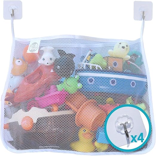 Baby Bath Toy Bag for Bath Toys Large Organiser Bathroom Storage Net with 4 Waterproof Self Adhesive Hooks (White)
