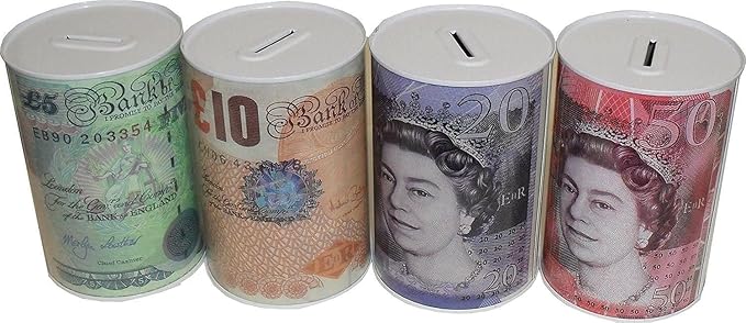Sterling Money Box Tin - Piggy Bank, Coin, Cash Tin and Savings Tin to Save Birthday Money, Holiday and Christmas Fund - Multi-Colour - One Random Supplied