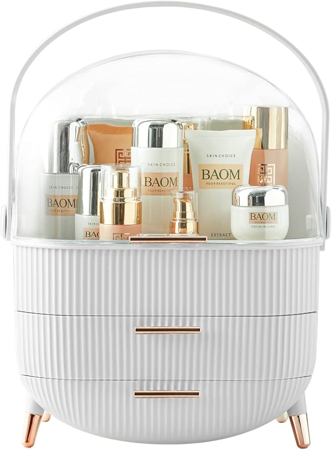 Multi-Function Make Up Case Dustproof Cosmetic Storage Box, Organizer Skin Care Products Jewelry Organizer Finishing Box for Bedroom Bathroom Desktop (White)