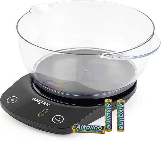 Salter Digital Kitchen Scale - Electronic Food Scale With 1.8L Bowl, Measure Liquids, Add & Weigh Wet & Dry Ingredients, Easy Pour Spout, 5kg/11lbs Capacity, Easy Read LCD Display, Includes Battery