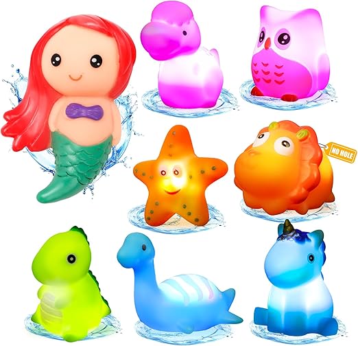 Baby Bath Toys, 8PCS Light Up Bath Toys for 1 2 3 4 Year Old, LED Bathtub Toys for Babies, Sensory Toys for Autism, Shower Gift for Kids Toddlers Boys Girls