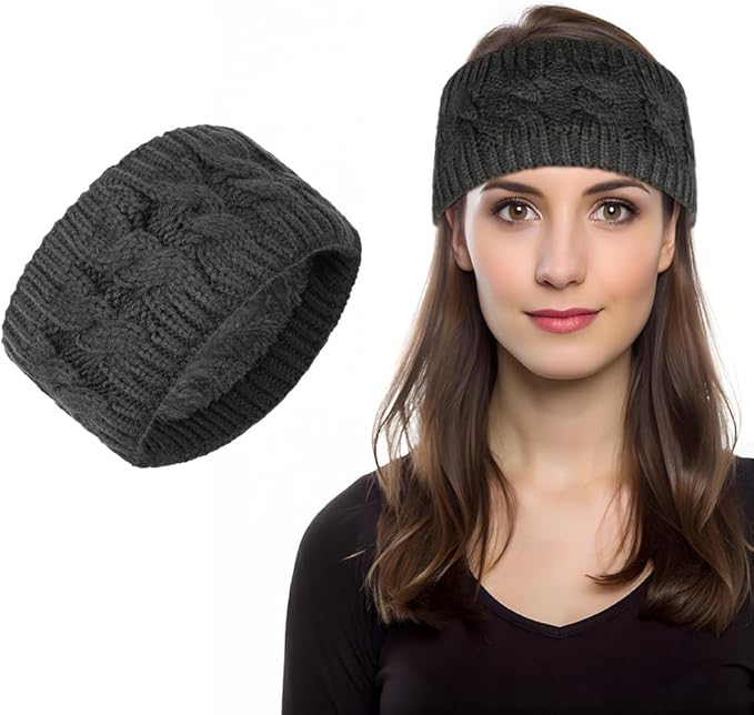 LOPHE Winter Headbands for Women, Thick Cable Knit Ear Warmers with Soft Thermal Lining, Comfy Head Wrap for Skiing, Running, Sports and Outdoor Activities (Dark Gray)