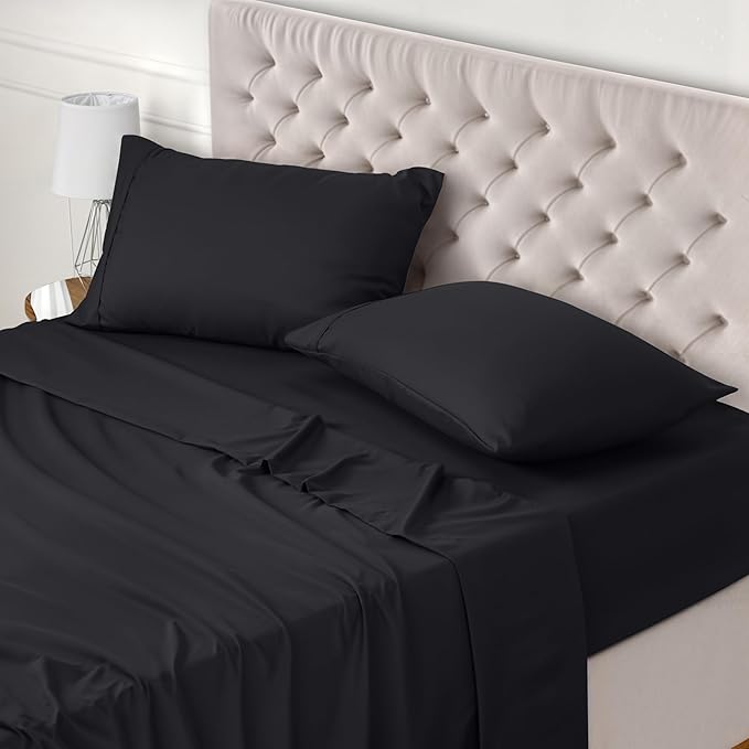 Utopia Bedding Bed Sheet Set Double, Black, 4 Piece – Fitted Sheet, Flat Sheet with 2 Pillow Cases 50x75 – Wrinkle, Shrinkage & Fade Resistant – Oeko-Tex Certified, Polyester Microfiber Fabric