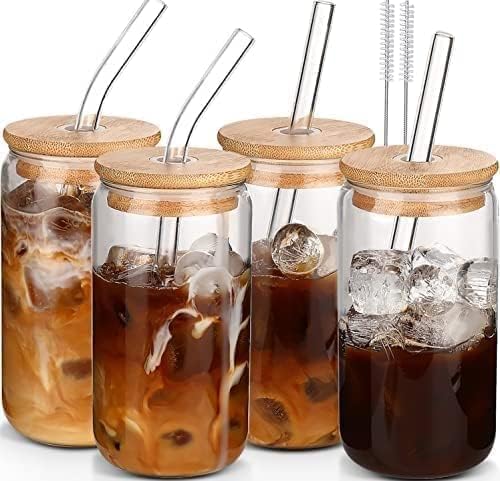 Iced Coffee Cup,Glass Cups with Lids and Straws,Drinking Glasses with Bamboo Lids and Glass Straw 4Pcs Set - 16Oz,Smoothie Cup,Beer Glasses,Clear Cute Tumbler Cup,Smoothie Cup
