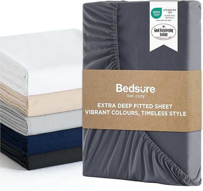 Bedsure Double Fitted Sheet Deep - Bed Sheets Extra Deep Pocket 16 Inches (40 cm), Soft Brushed Polyester Microfiber Material for Double Bed, Dark Grey, 135x190cm