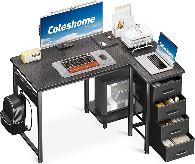 Coleshome Computer Desk with Drawers, 100x70 cm Corner Desk for Home Office, Reversible L Shaped Office Desks Black