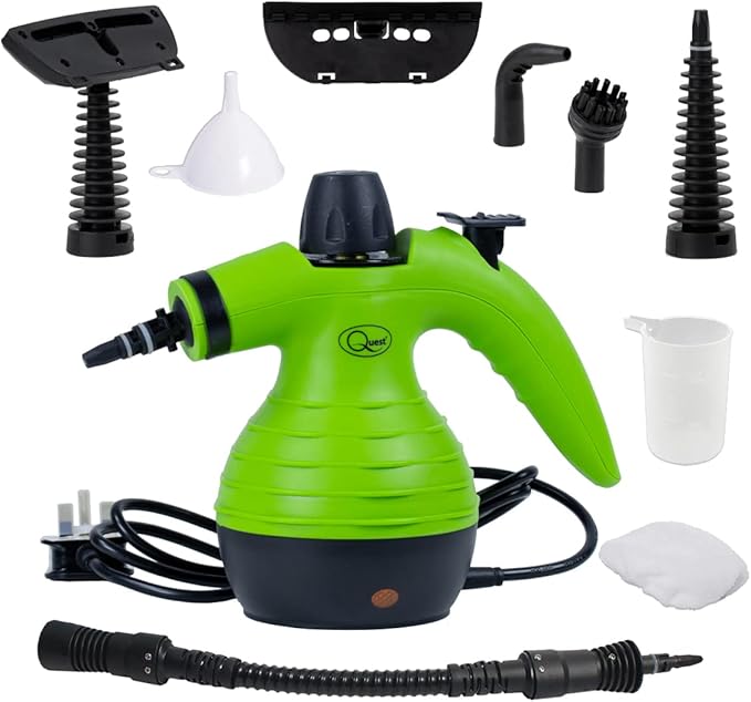 Quest Handheld Steam Cleaner/Powerful Chemical Free Multi Surface Cleaner / 9 Cleaning Attachments and Accessories/Fast Steam Production/Child Lock/Green