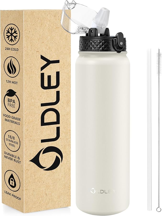 OLDLEY Stainless Steel Water Bottle with Straw 1L Vaccum Insulated Large Drink Flask Metal Water Bottles 1 Litre Leakproof Keep Drinks Hot Cold for Bike Sports Gym Adult Women Men(Cream, 1 Lid)