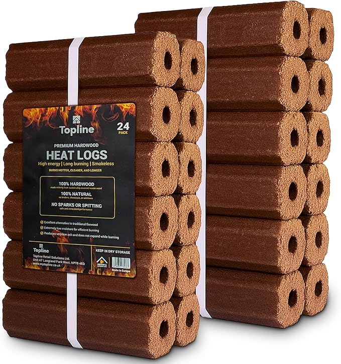 Topline High Energy Heat Logs - Pack of 24 Ultra Dry Compressed Fuel Logs. Great for Burners, Open Fires and Multi-Fuel Stoves. Planet-Friendly Wood Briquettes.