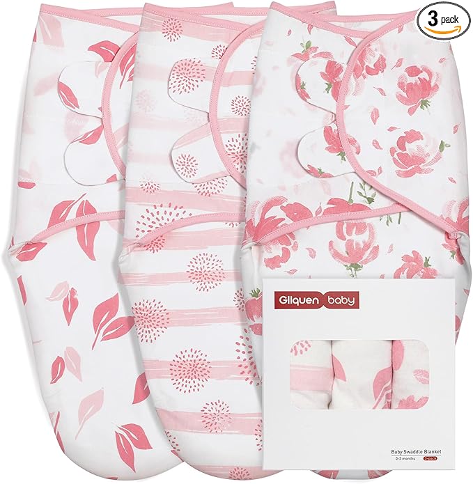GLLQUEN BABY Baby Swaddle Wraps for 0-3 Months Newborn, Oeko-tex100,100% Breathable Organic Cotton Fabric Swadding Blankets,3 Pack (Flower)