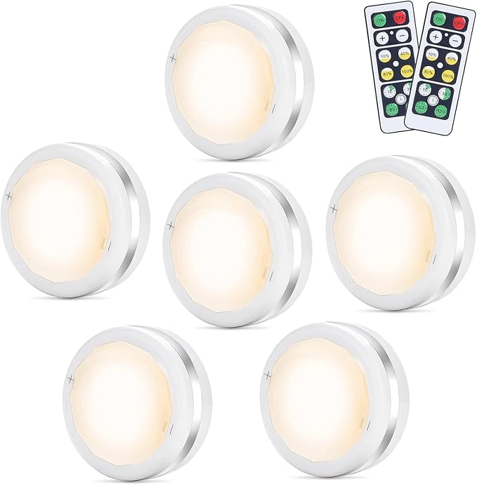 Under Cabinet Lights, Wireless LED Puck Lights Remote Control, 4000K Natural White Brightness Dimmable Battery Powered Touch Closet Cupboard Kitchen Wardrobe Lights, 6 Pack (White)