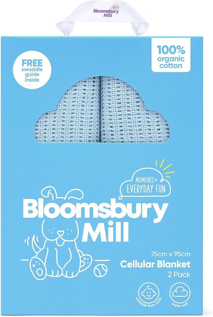 Bloomsbury Mill - Cellular Blankets Baby - Soft 100% Organic Cotton Baby Blanket - Pack of 2 - Essentials For Newborn - Ideal for Cot Bed, Travel, Car Seat, Pram, Moses Basket - Blue 75x95cm